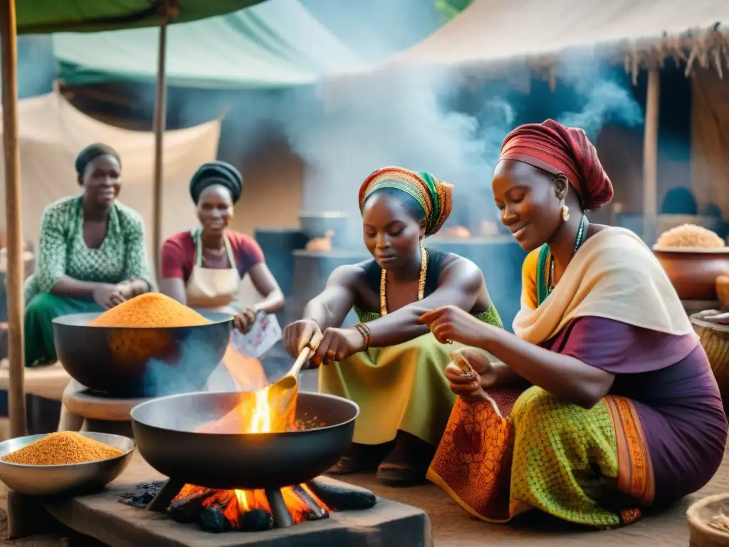 Un vibrante mercado africano donde mujeres cocinan platos africanos de resistencia bajo el cálido sol