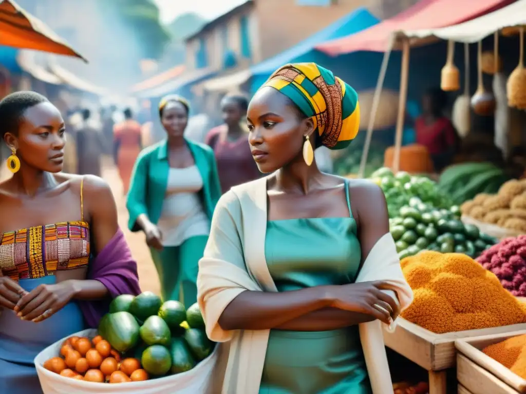 Un vibrante mercado africano: mujeres líderes en la economía global exhiben sus productos, negociando con determinación