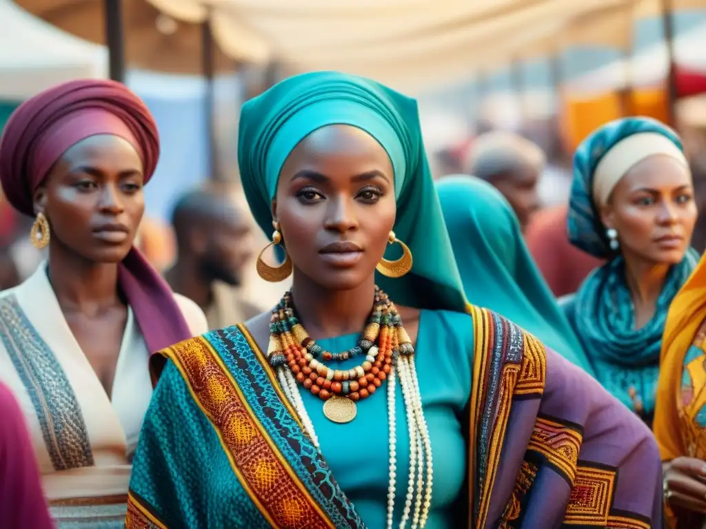 Un vibrante mercado africano con mujeres elegantes vestidas de moda islámica africana, mostrando tendencias globales