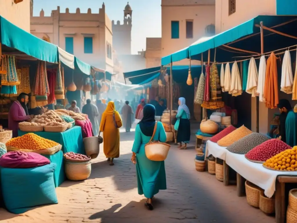 Vibrante mercado africano; mujeres en ropa tradicional regatean, hombres observan