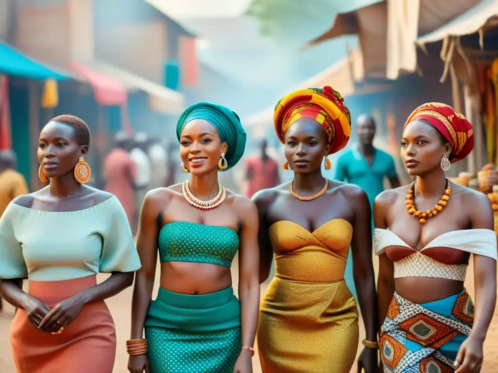 Un vibrante mercado africano con mujeres intercambiando bienes en una civilización histórica