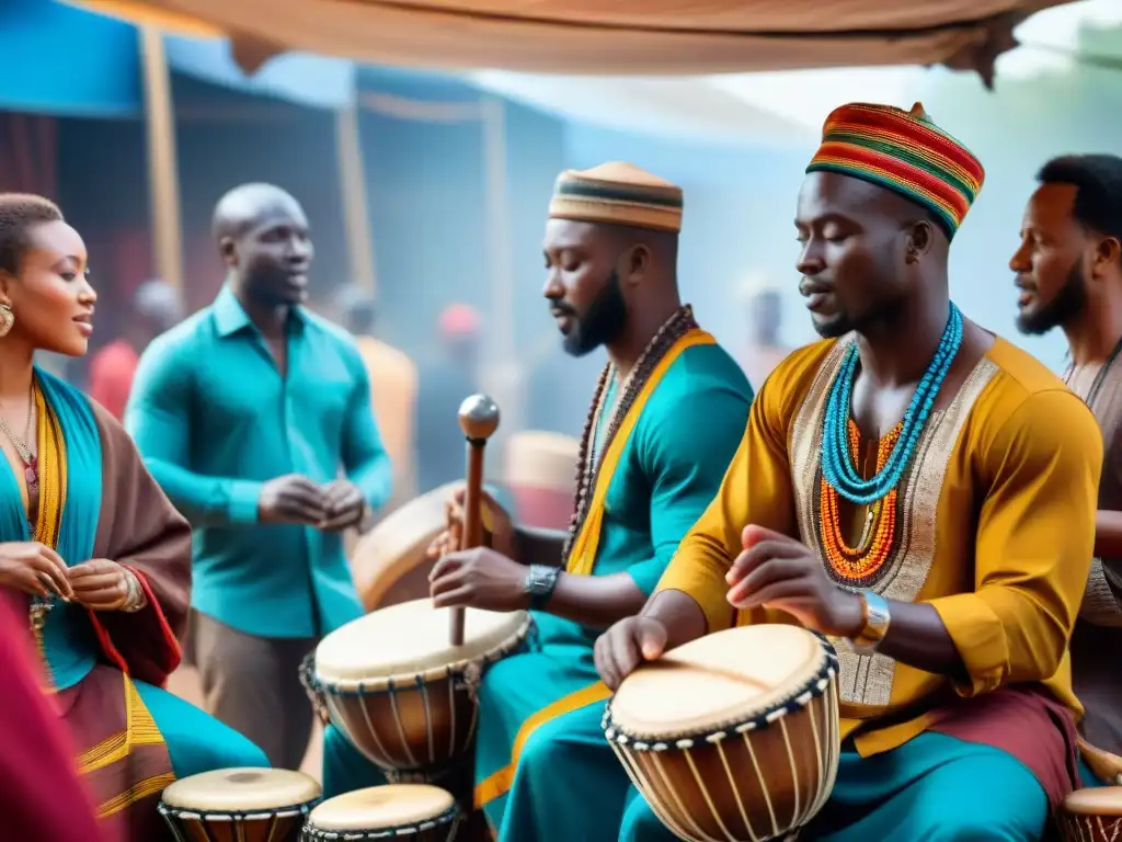 Un vibrante mercado africano con músicos tocando instrumentos tradicionales, influencia música africana en mundo