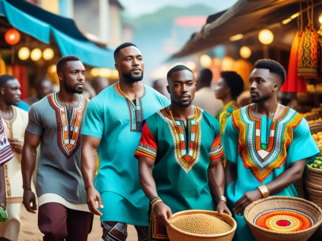 Un vibrante mercado africano con personas diversas vistiendo Dashikis, mostrando la historia del dashiki como moda