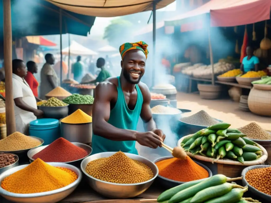 Un vibrante mercado africano con plátanos, yuca, ocra y suya al fuego, mujeres en telas brillantes y músico tocando djembe