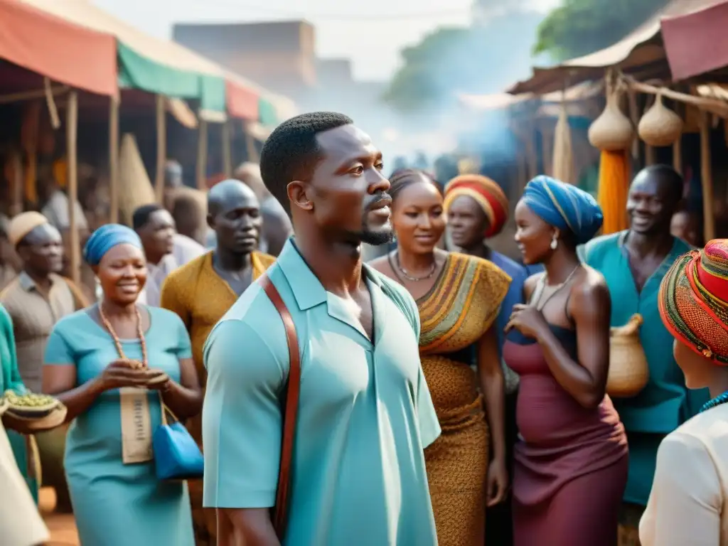 Vibrante mercado africano con prácticas de salud tradicionales: hierbas, acupuntura y ejercicios comunales