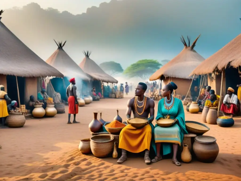 Vibrante mercado africano precolonial, reflejando la compleja estructura social en África