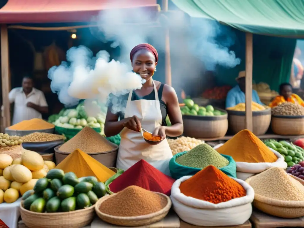 Vibrante mercado africano con productos coloridos y vendedores, mujeres cocinando con sabores y tradiciones