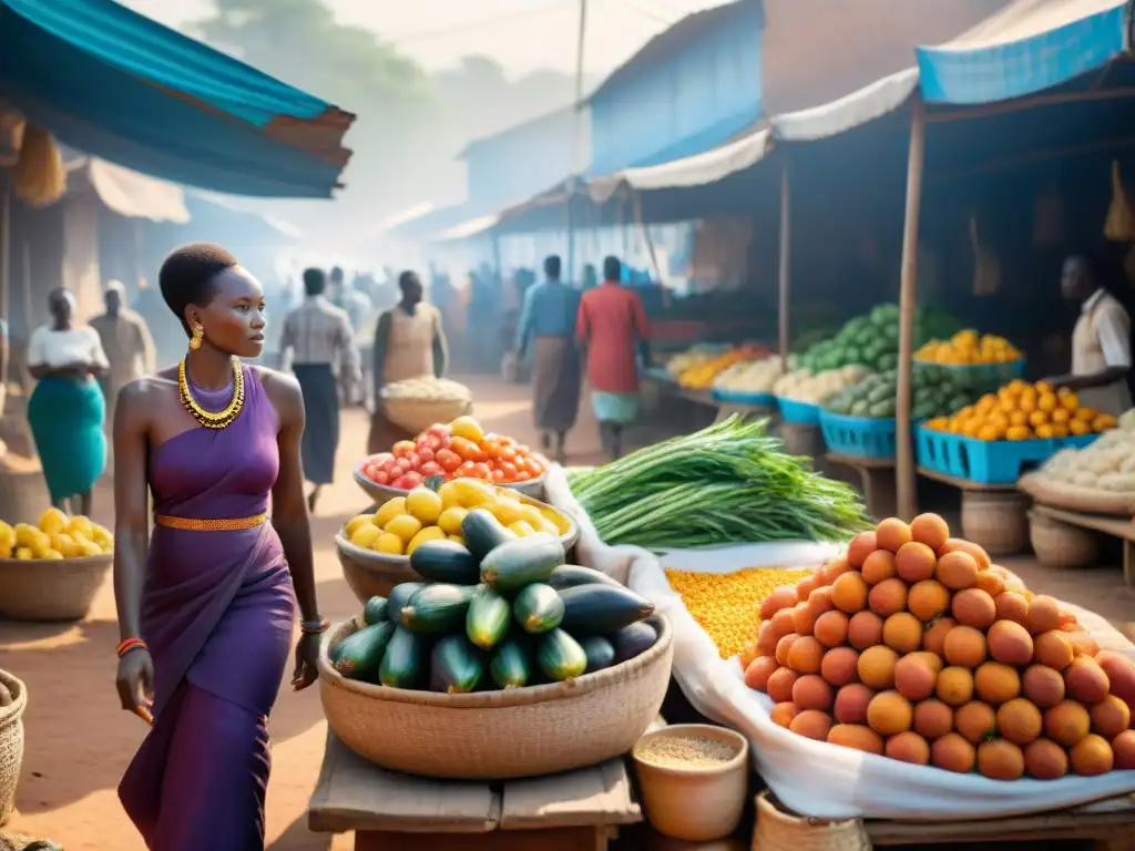 Un vibrante mercado africano con productos frescos y locales, reflejando la dieta africana tradicional saludable