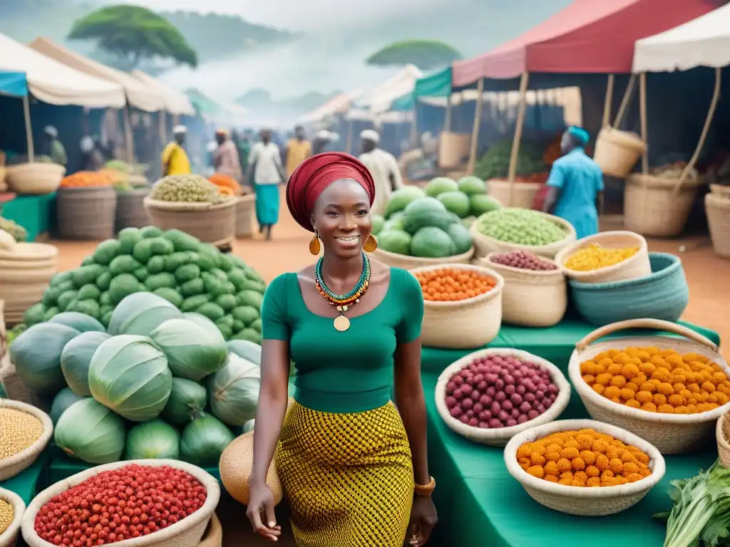 Un vibrante mercado africano con productos sostenibles y diversidad étnica