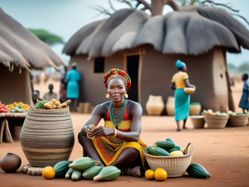 Un vibrante mercado africano en un pueblo rural, donde se revitalizan culturas africanas en redes sociales