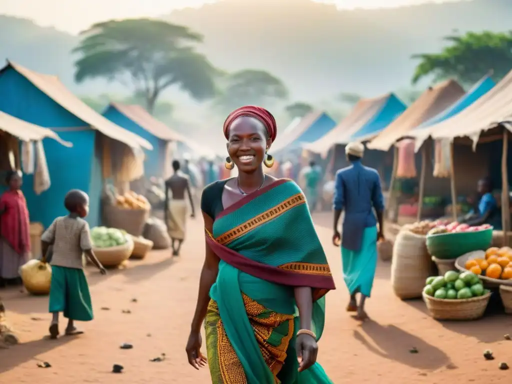 Un vibrante mercado africano en un pueblo rural, con diversidad lingüística y cultural entre los lugareños, resaltando la migración