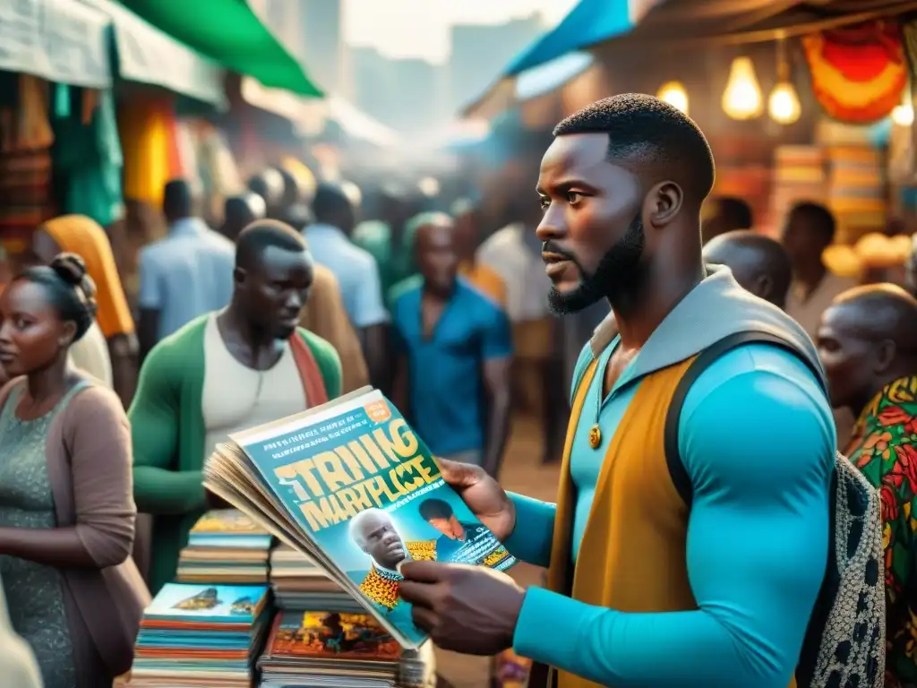 Un vibrante mercado africano con puestos de cómics, donde la comunidad disfruta del arte y las historias únicas del cómic africano influencia global