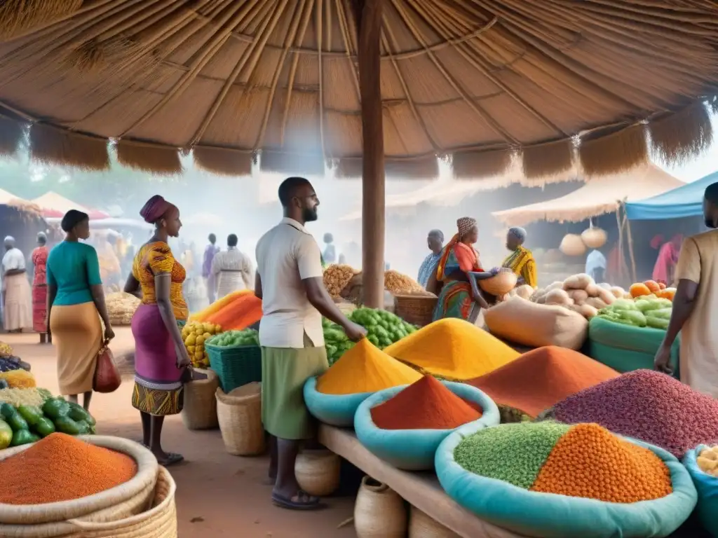 Un vibrante mercado africano, reflejo de la Importancia del comercio en África, lleno de colores, texturas y cultura