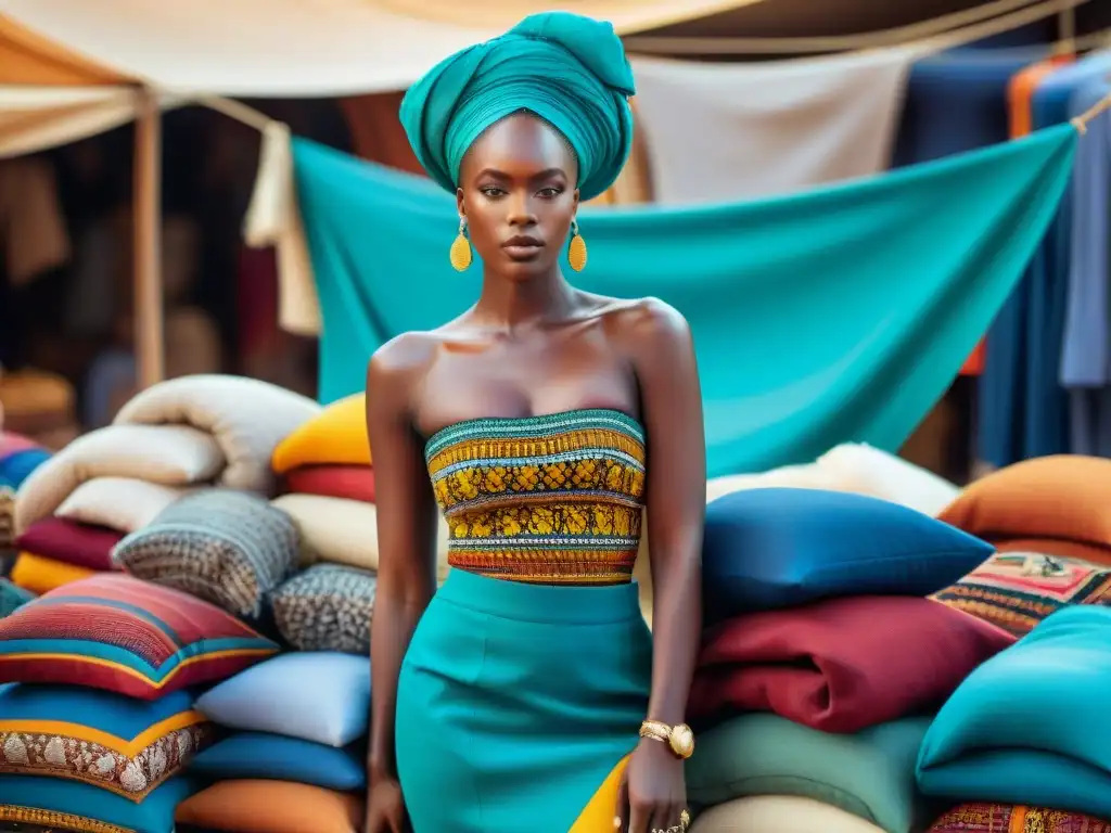 Un vibrante mercado africano, reflejo del arte africano en la moda, lleno de textiles y artesanos creando diseños tradicionales