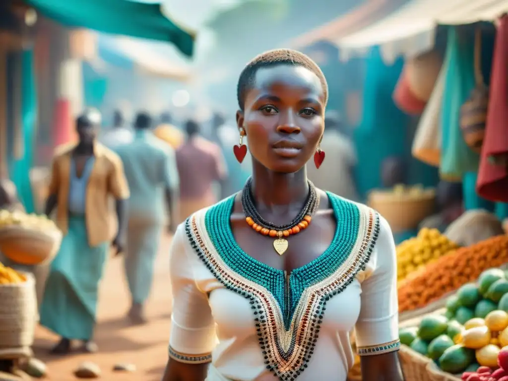 Un vibrante mercado africano revitalizado en una ciudad, mostrando colores y culturas en una escena de comercio y vida