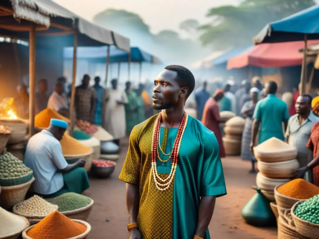 Vibrante mercado africano fusionando rituales religiosos con comercio, influencia de tradiciones en África