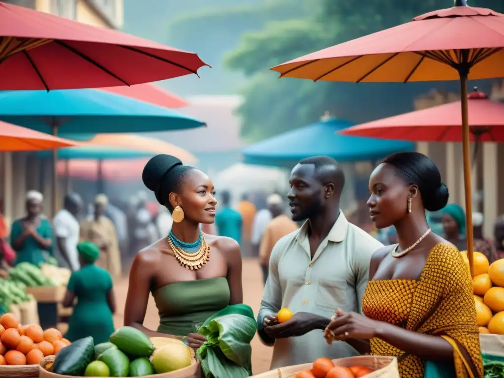 Un vibrante mercado africano con sincretismo religioso y arquitectura colonial, reflejando intercambio cultural