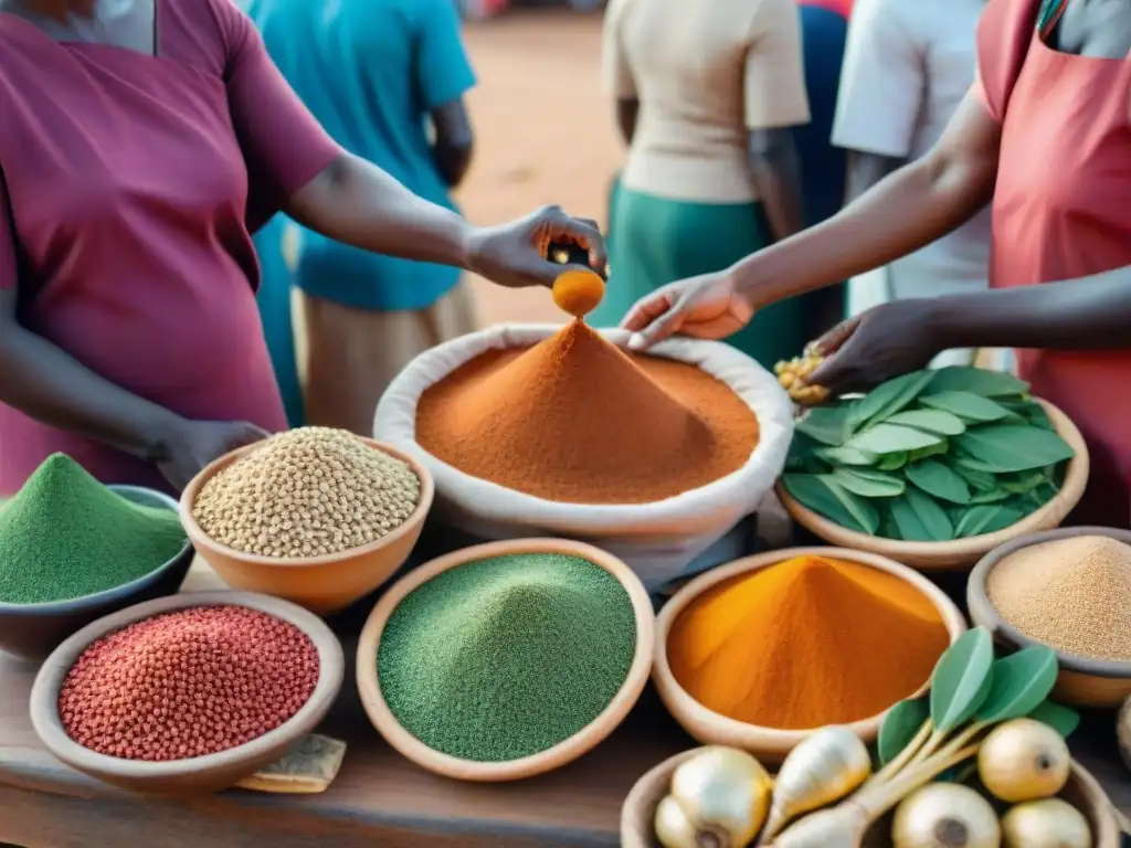 Vibrante mercado africano con superalimentos coloridos como fruta del baobab, hojas de moringa y granos de teff