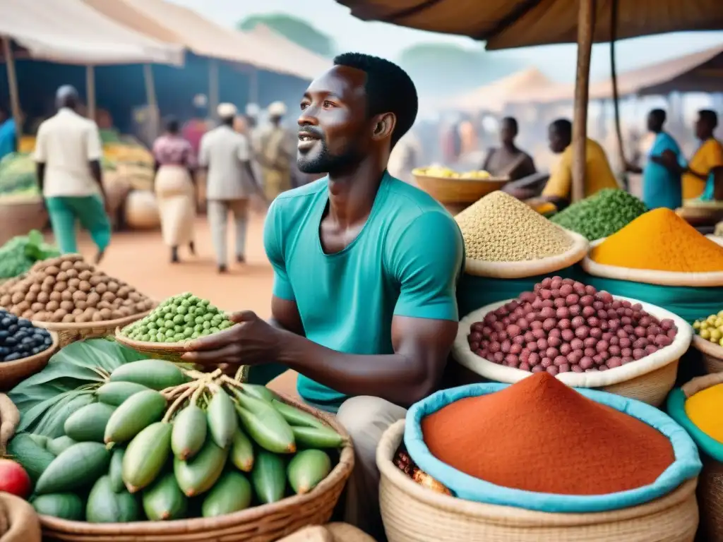 Vibrante mercado africano con superalimentos como fruta baobab, hojas de moringa y nueces de karité