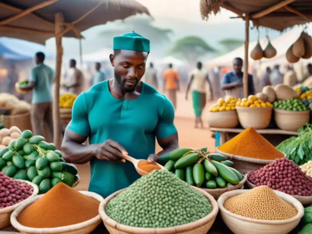 Vibrante mercado africano con superalimentos como fruta de baobab, hojas de moringa y nueces de karité