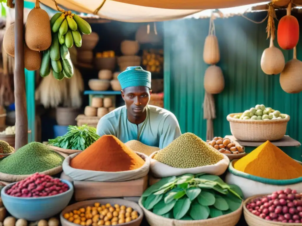 Un vibrante mercado africano con superalimentos como fruta de baobab, hojas de moringa y nueces de karité