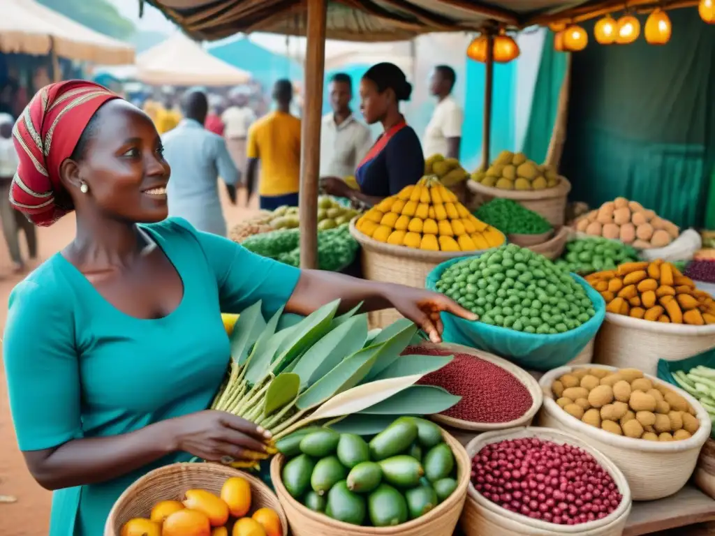 Vibrante mercado africano con superalimentos coloridos en puestos de madera, vendedores locales y actividad bulliciosa