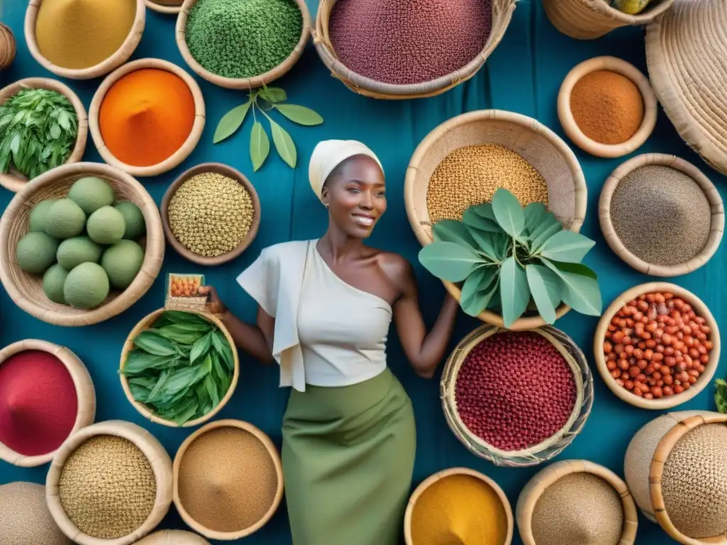 Un vibrante mercado africano con superalimentos como frutas de baobab y granos de teff