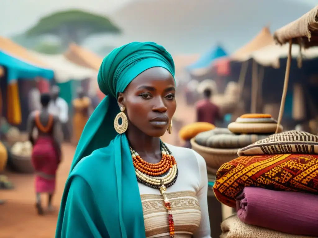 Mercado africano vibrante: cultura y colorido Un vibrante mercado africano con telas coloridas y artesanías, reflejando la fusión de culturas y la influencia global de las civilizaciones africanas