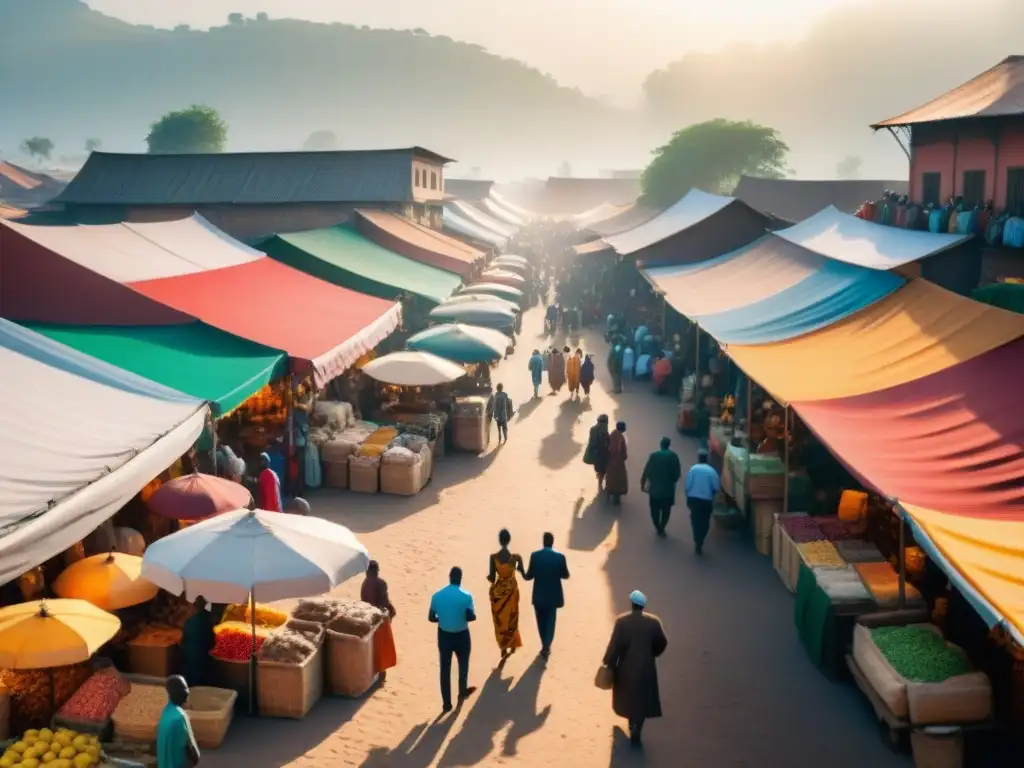 Vibrante mercado africano con telas coloridas y especias exóticas