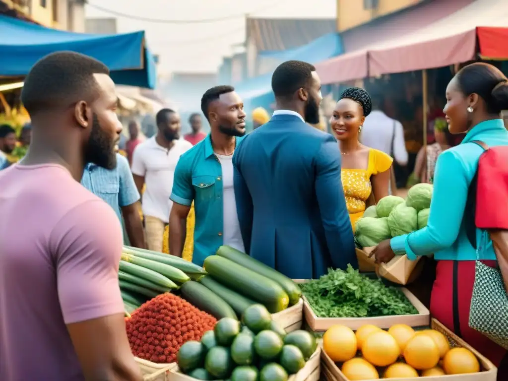 Vibrante mercado africano con textiles coloridos, artesanías y productos frescos