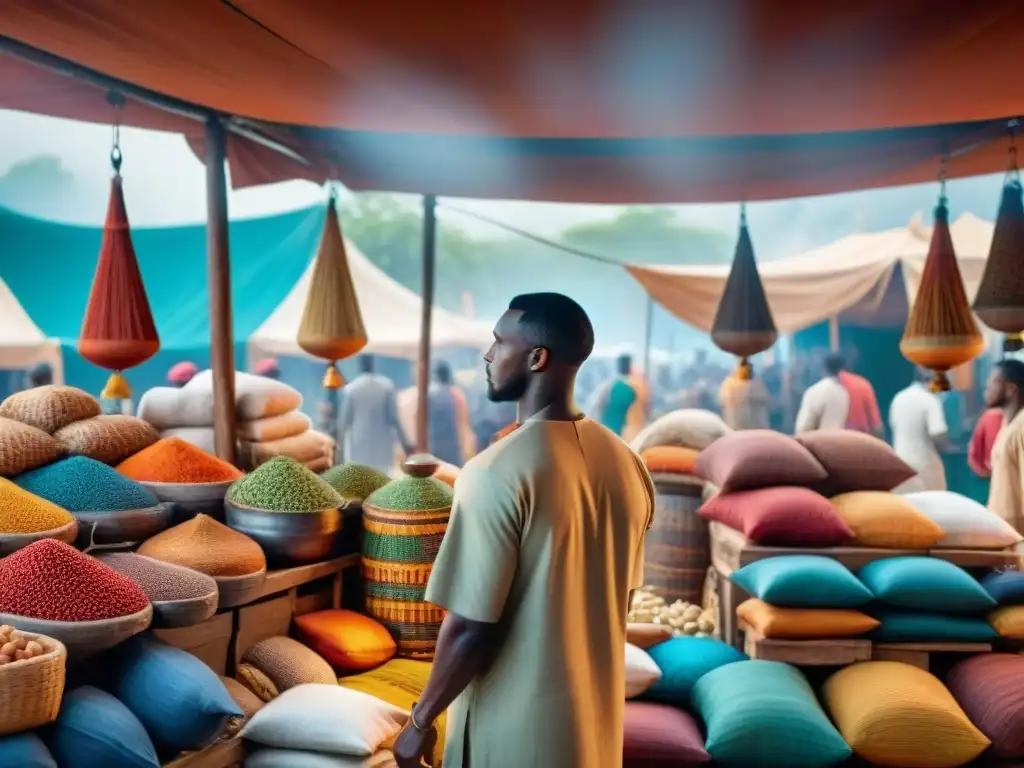 Vibrante mercado africano con textiles y artefactos, reflejando la historia del comercio en civilizaciones africanas