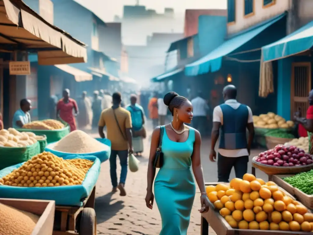 Vibrante mercado africano con transacciones tradicionales y digitales, reflejando el futuro del dinero en África