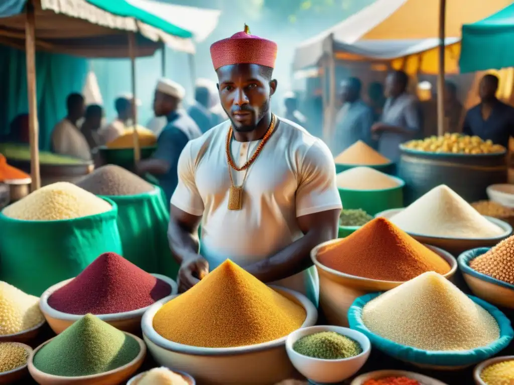 Vibrante mercado africano con variados puestos de cuscús, reflejando la influencia gastronómica de las civilizaciones africanas