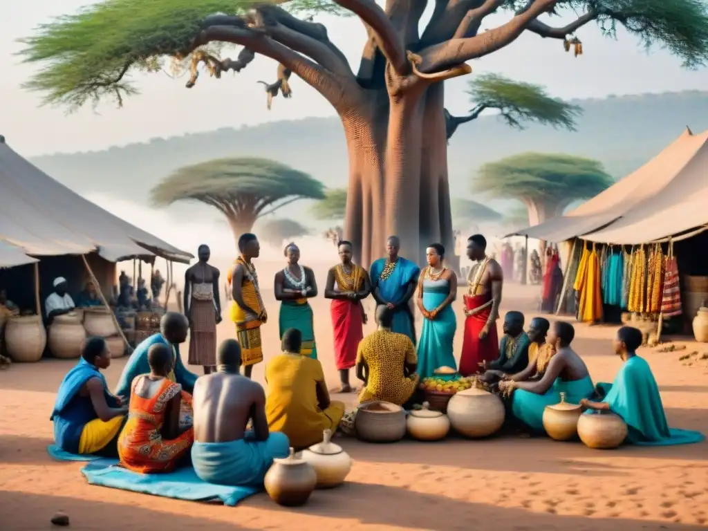 Vibrante mercado africano con vendedores de artesanías y frutas, gente discutiendo creencias religiosas bajo un baobab