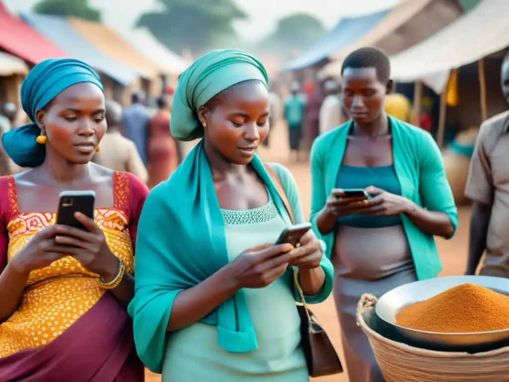 Un vibrante mercado africano mezcla la vida tradicional con la tecnología, mujeres usando teléfonos para servicios de salud digital