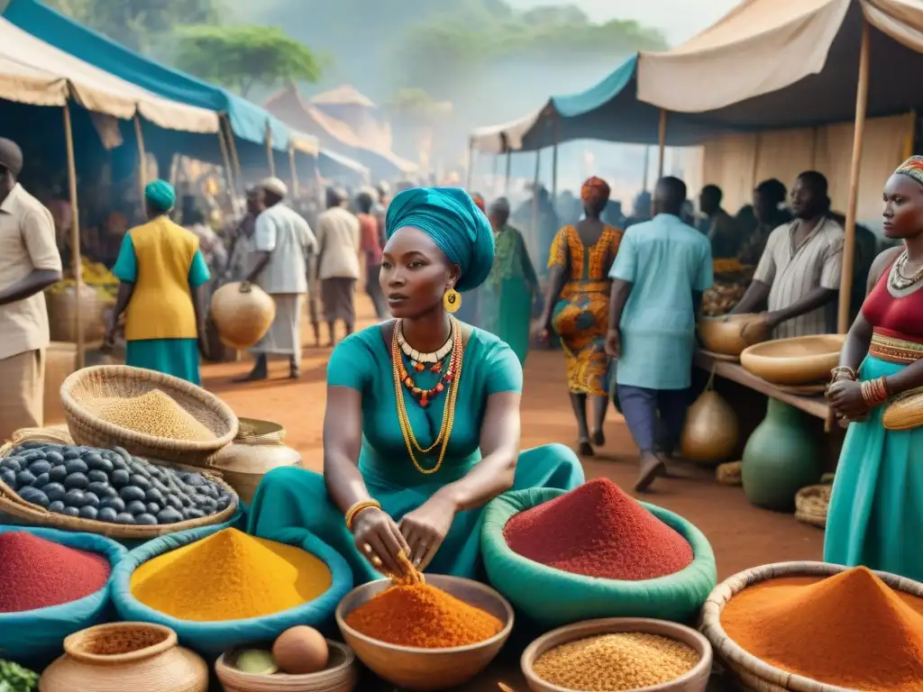 Vibrante mercado al aire libre en África, reflejando el comercio en civilizaciones africanas