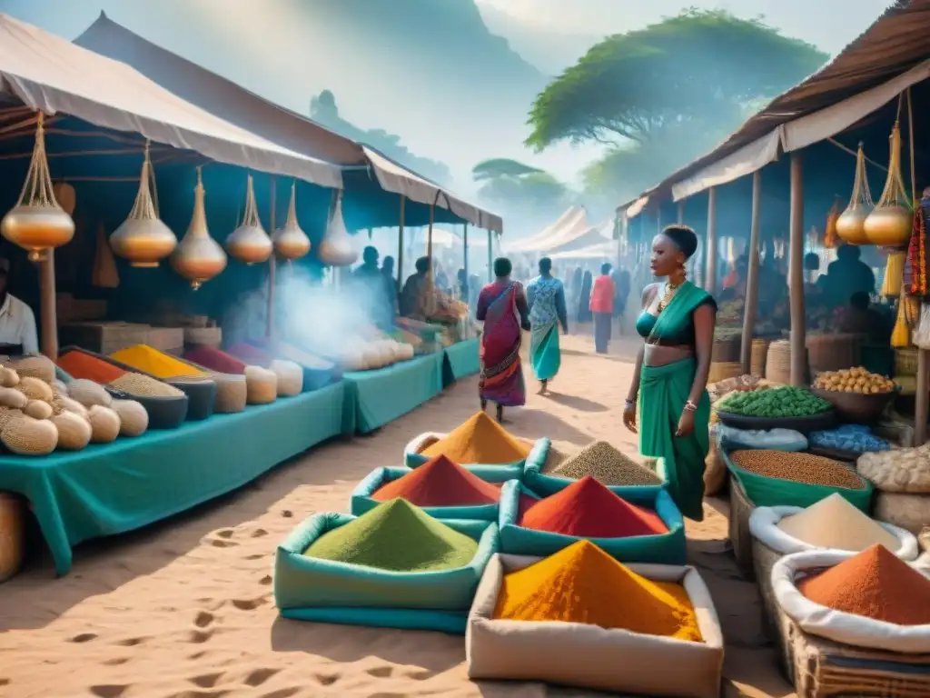 Vibrante mercado al aire libre en África, colmado de colores y productos diversos, reflejando la riqueza natural y comercial del continente