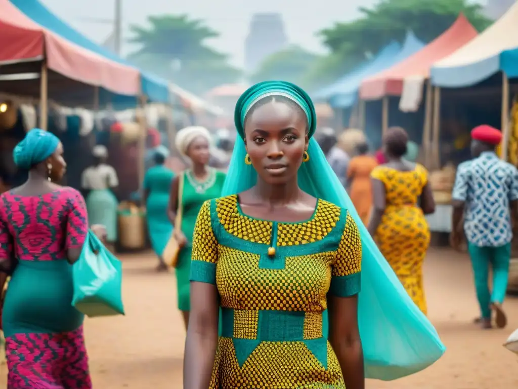 Un vibrante mercado al aire libre en Lagos, Nigeria, lleno de coloridos puestos que venden telas africanas, artesanías y productos locales