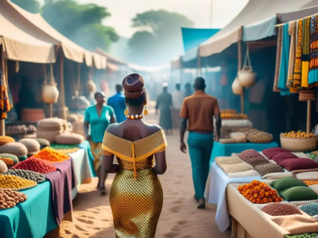 Un vibrante mercado al aire libre en África, repleto de telas tradicionales, joyas y accesorios artesanales