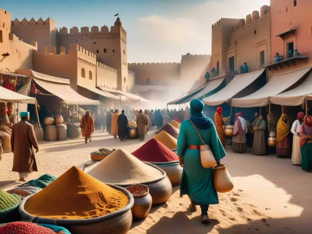 Mercado vibrante en ciudad antigua de África del Norte Un vibrante mercado en una antigua ciudad del norte de África, con mercaderes en trajes tradicionales