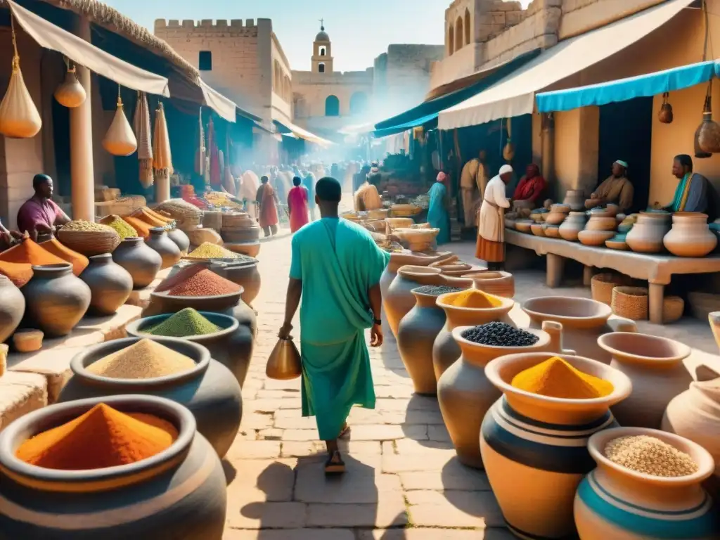 Un vibrante mercado en la antigua Cartago, reflejando la influencia cultural africana y mediterránea