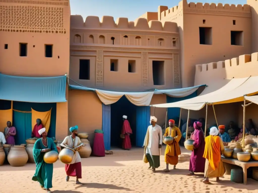 Vibrante mercado en la antigua Timbuktu, fusiones culturales en civilizaciones africanas