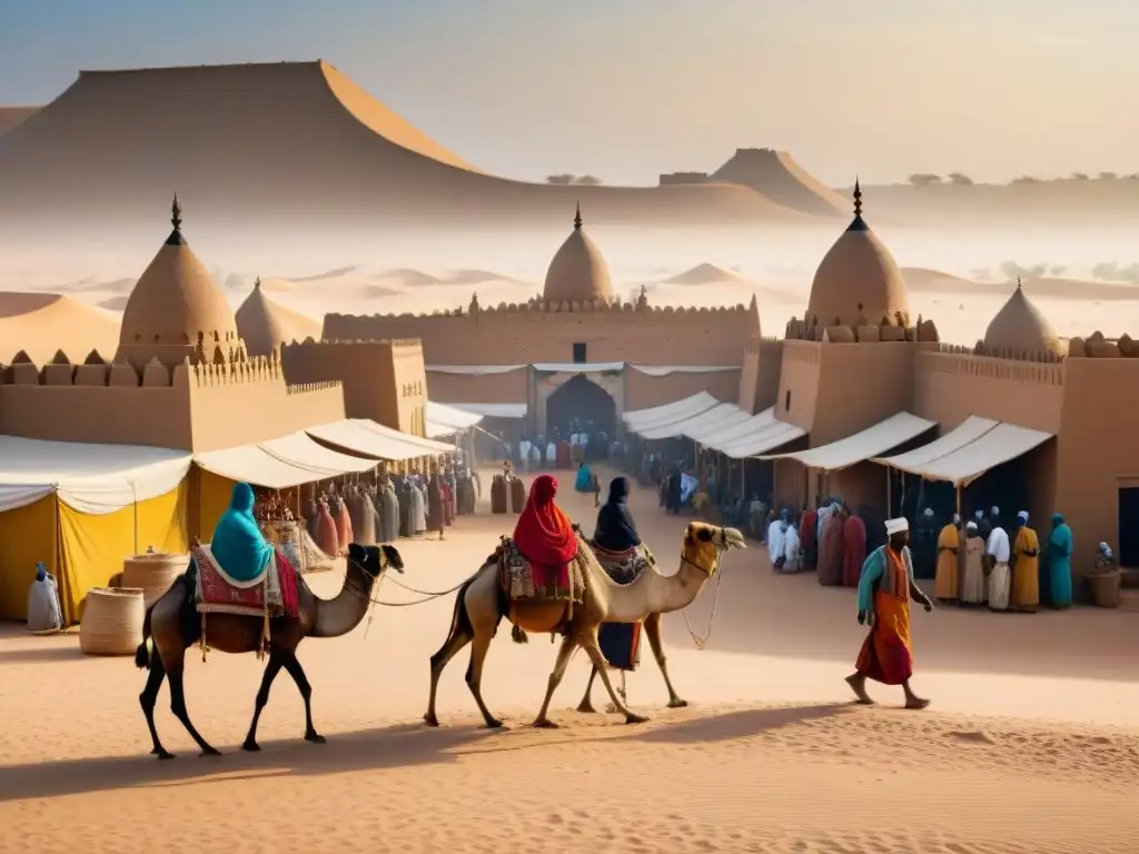 Vibrante mercado en la antigua Timbuktu, reflejando la influencia del Comercio Transahariano en civilizaciones africanas