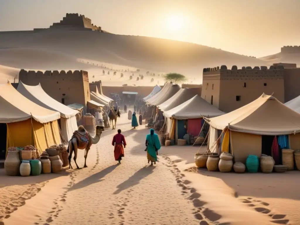 Vibrante mercado en la antigua Timbuktú con comercio y cultura de civilizaciones africanas antiguas rutas comerciales