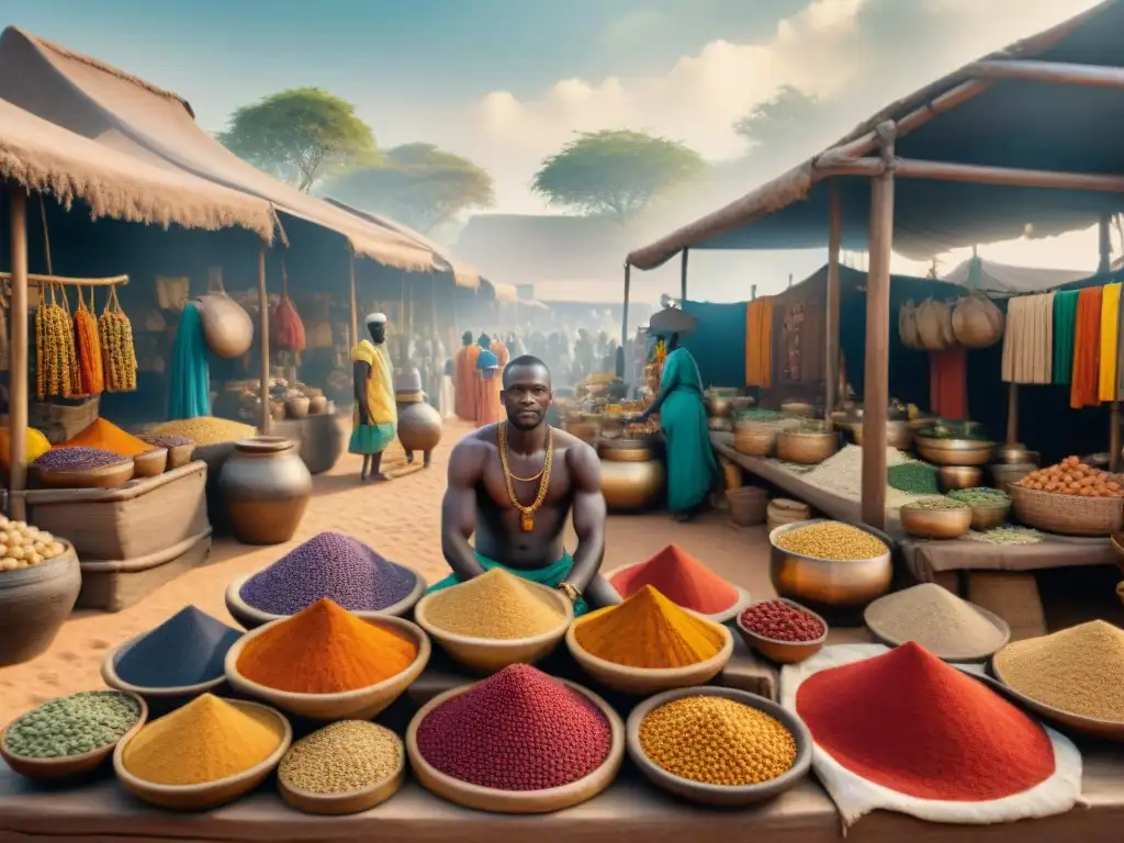 Vibrante mercado antiguo en reino africano: evolución comercio reinos africanos