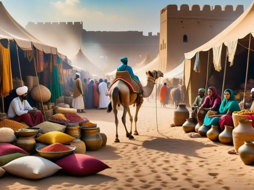 Vibrante mercado antiguo en el Cuerno de África con influencia persa, intercambio cultural y coloridas telas y especias