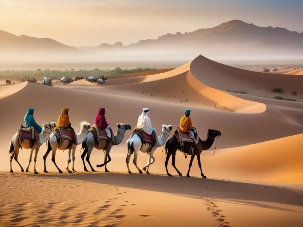 Vibrante mercado antiguo en el Desierto del Sáhara, con animales en el Comercio Transahariano y colores tradicionales de África del Norte