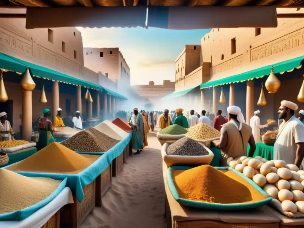 Vibrante mercado antiguo entre el Reino de Kush y Egipto, reflejando la influencia del Reino de Kush en la arquitectura y comercio