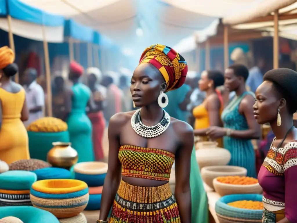 Un vibrante mercado de arte africano lleno de vida y color, con artistas locales y visitantes curiosos interactuando