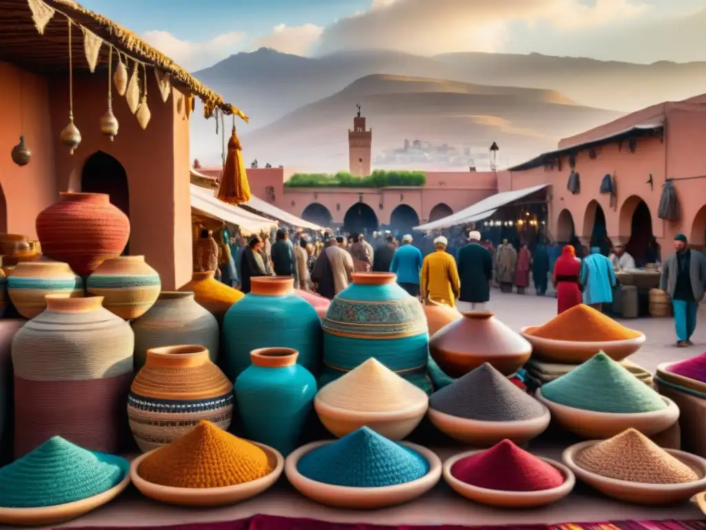 Vibrante mercado en Marrakech con arte y artesanía africanos influencia